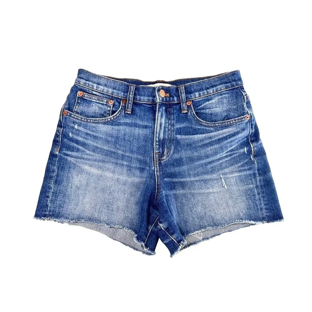 Madewell High Rise Denim Shorts Women's 26 Blue Raw Fray Hem‎ Stretch